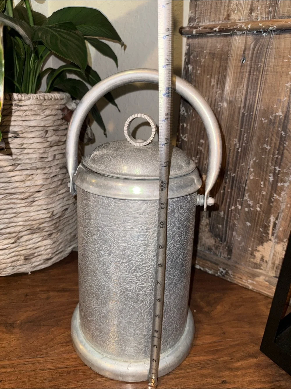 Lrg. Vtg. Ice Bucket Wine Cooler Art Deco Hammered Aluminum & Ceramic Liner 15”